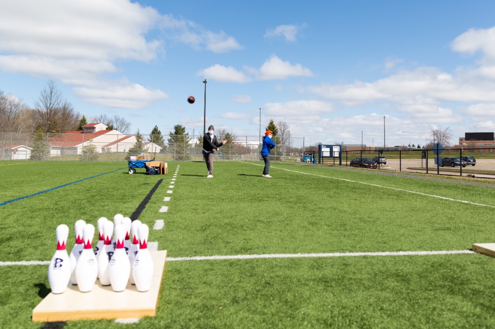 April Field Day 2021: aiming for pins in football bowling